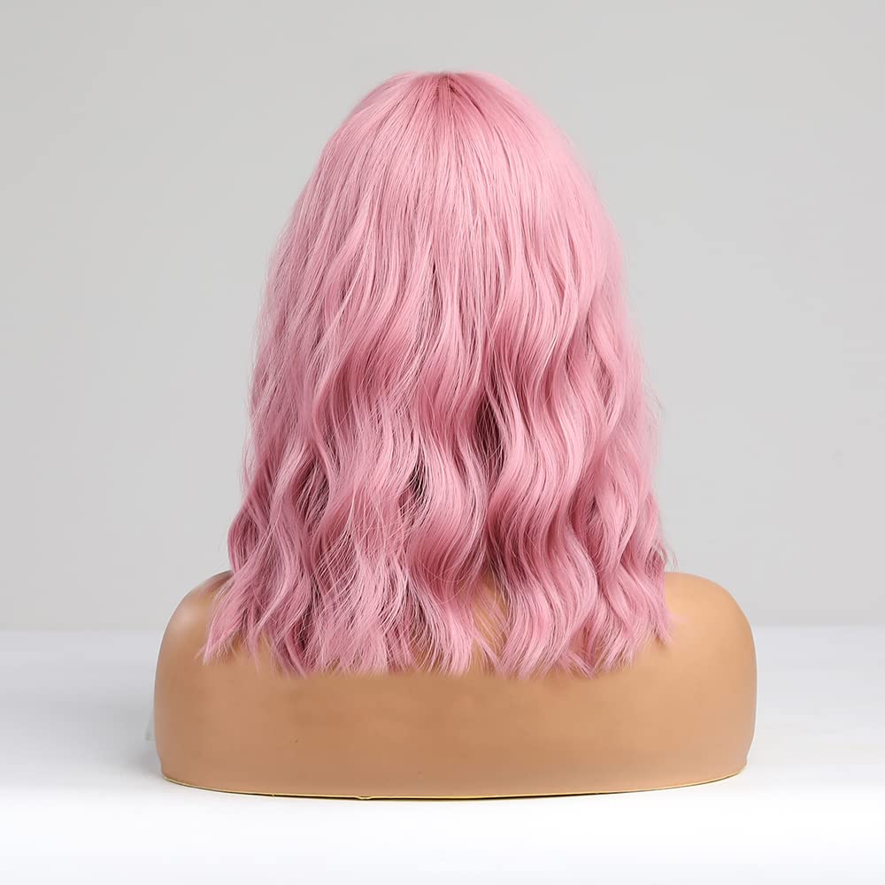 【LS-Water007】 Pink Wig with Air Bangs,14 Inches Short Pastel Curly Wavy Heat Resistant Synthetic Women's Bob Wig,Cosplay Party Shoulder Length Wigs for Girls,Daily Use Natural Looking Curly Colored Wig