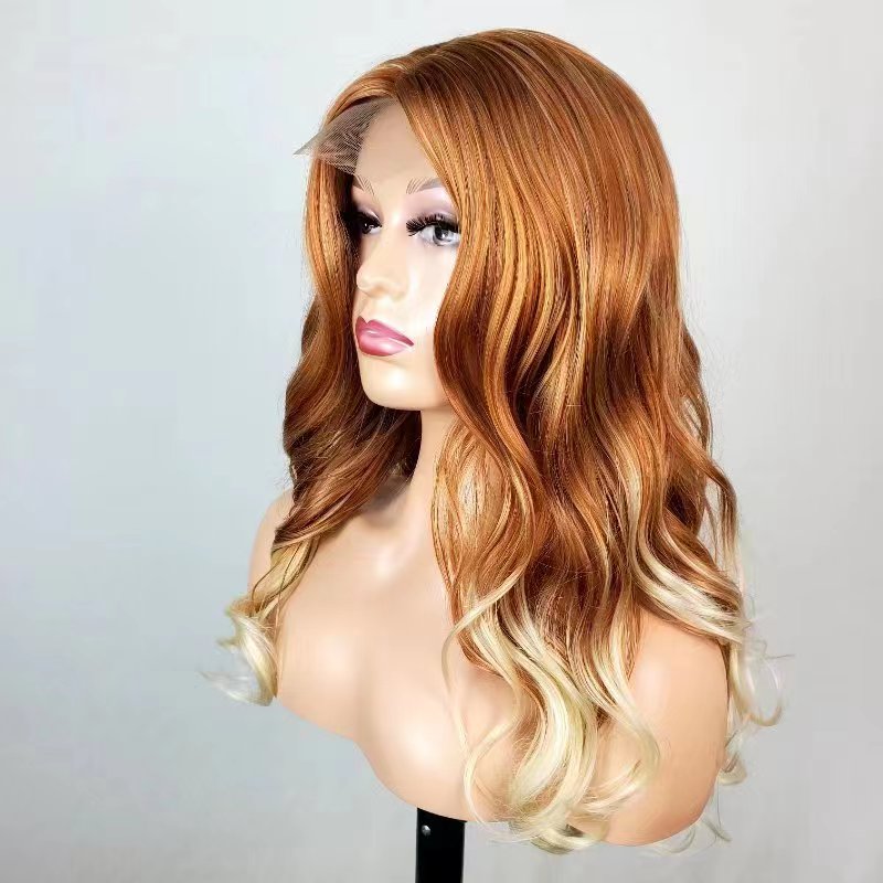 【LB-BODY005】Ombre pink Long Curly Wig for Women Wave Synthetic Wig with Flat Bangs Natural Hair Heat Resistant Wigs for Daily Party Halloween Cosplay Use