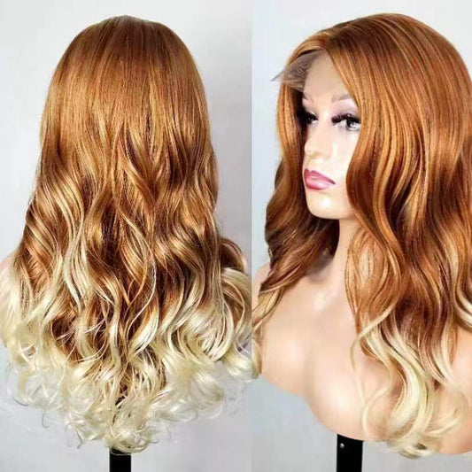 【LB-BODY005】Ombre pink Long Curly Wig for Women Wave Synthetic Wig with Flat Bangs Natural Hair Heat Resistant Wigs for Daily Party Halloween Cosplay Use