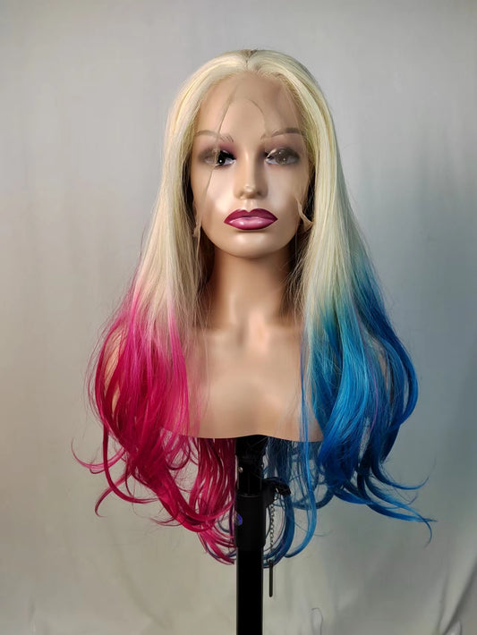 Long Wavy Blonde Blue Pink Ombre Wigs for Women Cosplay Halloween