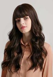 ANDRIA Brown Wig With Bangs Natural Wave Wigs with Bangs Honey Brown Wigs Daily 24 inches Synthetic