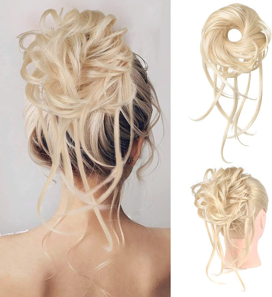 Messy Bun Hair Piece, 1PC Super Long Tousled Updo Hair Bun Extensions Curly Wavy Hair Wrap Ponytail Hair Scrunchies with Elastic Hair Band Hair Accessory for Women Girls - Light Blonde