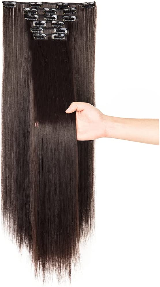 26 Inch Clip on Long Hair Extensions Straight Dark Brown Hairpieces 5.47 oz Long Thick Synthetic Hair Extensions Clip Straight Long Hairpieces Clips in Hair Extensions for Women 6pcs (Dark Brown, 4A)