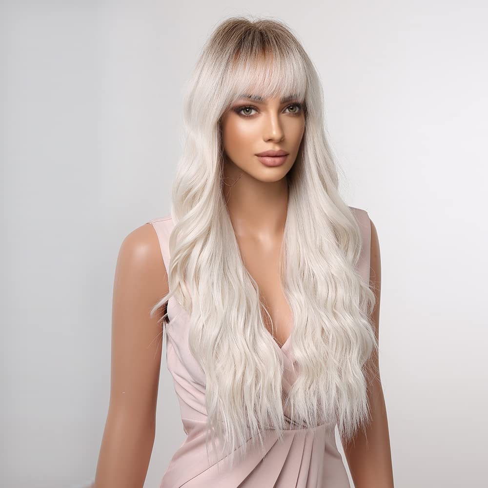 Long Curly Wigs for Women, Natural White Ombre Wigs Futura Hair Material Synthetic Dark Root Wigs with Bangs Cosplay Daily Wear Wig