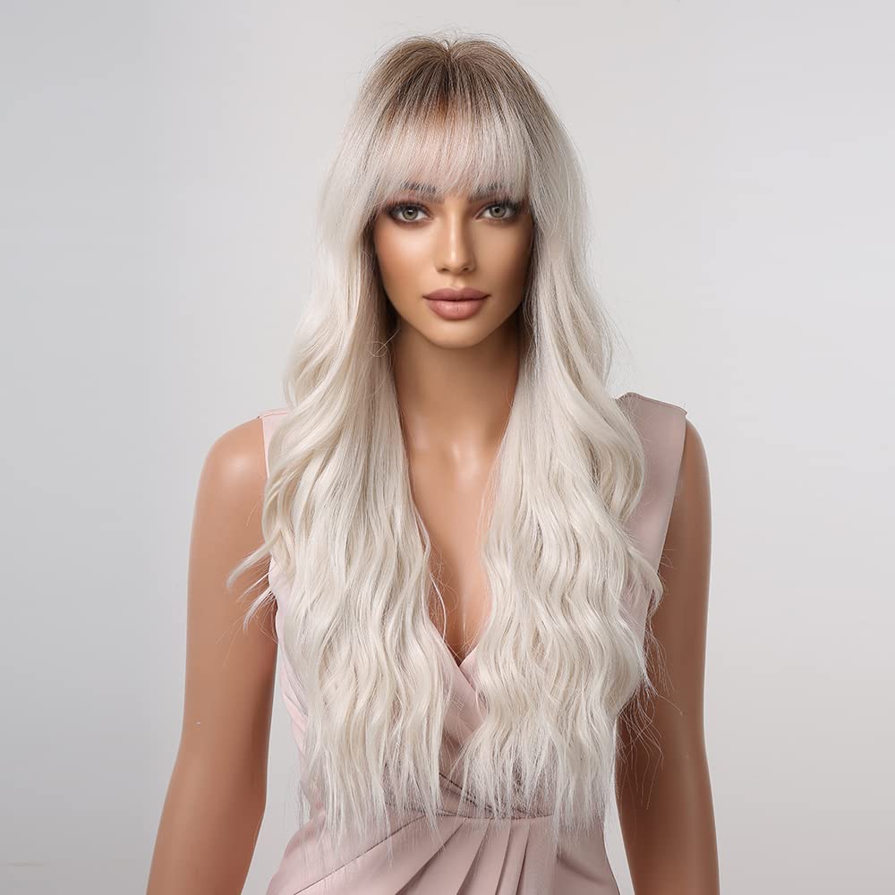 Long Curly Wigs for Women, Natural White Ombre Wigs Futura Hair Material Synthetic Dark Root Wigs with Bangs Cosplay Daily Wear Wig