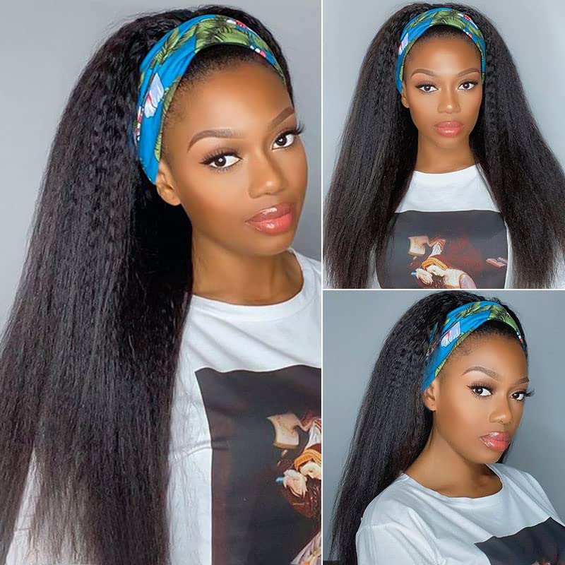 Kinky Straight Headband Wig Synthetic Glueless Wigs for Black Women 24 Inch Long Yaki Straight Wigs with Headband Attached 150% Density Heat Resistant Fiber Hair for Daily Use Natural Black Color