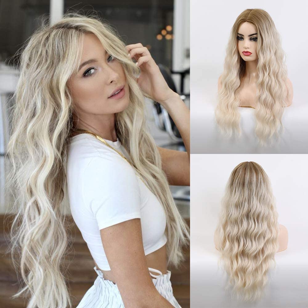 Long Curly Wigs for Women Ombre Dark Brown to Blonde Wig Natural Looking Synthetic Wigs Party or Daily Wear