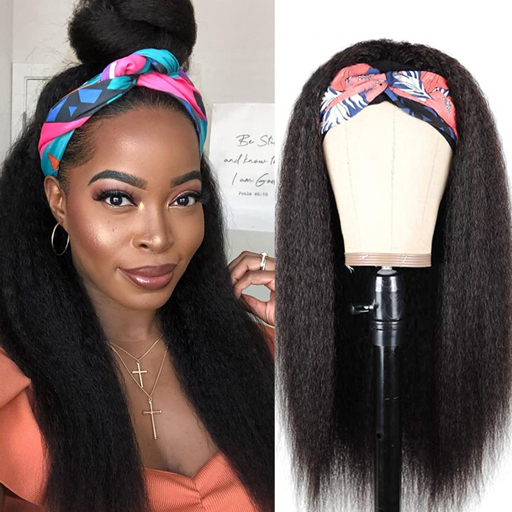 Kinky Straight Headband Wig Synthetic Glueless Wigs for Black Women 24 Inch Long Yaki Straight Wigs with Headband Attached 150% Density Heat Resistant Fiber Hair for Daily Use Natural Black Color