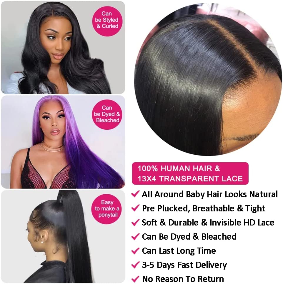 30 Inch Lace Frontal Human Hair Wig Straight Lace Front Wigs Human Hair with Baby Hair Pre Pluked Human Hair Wigs for Black Woman 100% Unprocessed Virgin Human Hair Ear to Ear Lace Front Wigs