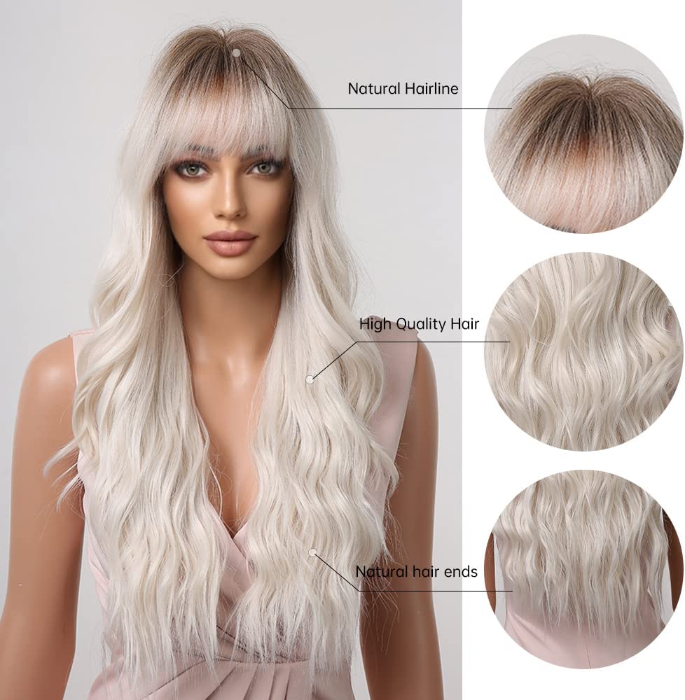 Long Curly Wigs for Women, Natural White Ombre Wigs Futura Hair Material Synthetic Dark Root Wigs with Bangs Cosplay Daily Wear Wig