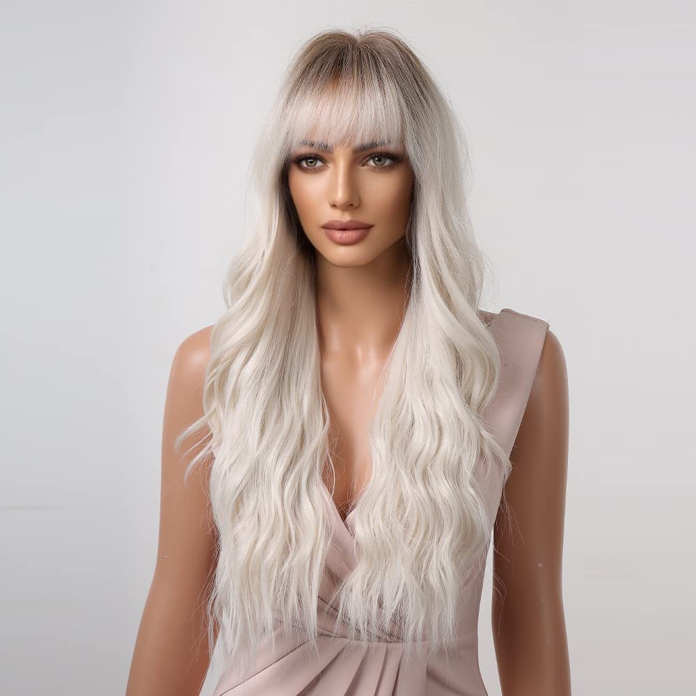 Long Curly Wigs for Women, Natural White Ombre Wigs Futura Hair Material Synthetic Dark Root Wigs with Bangs Cosplay Daily Wear Wig