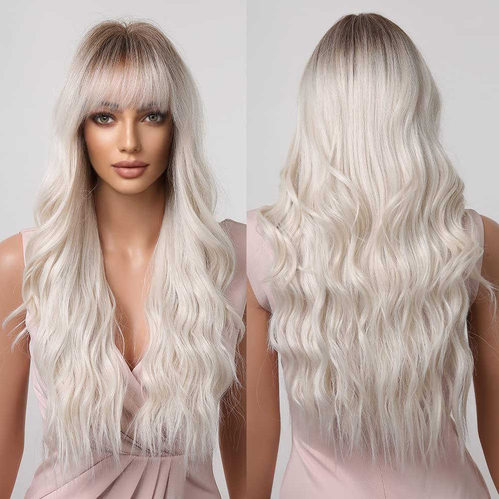 Long Curly Wigs for Women, Natural White Ombre Wigs Futura Hair Material Synthetic Dark Root Wigs with Bangs Cosplay Daily Wear Wig