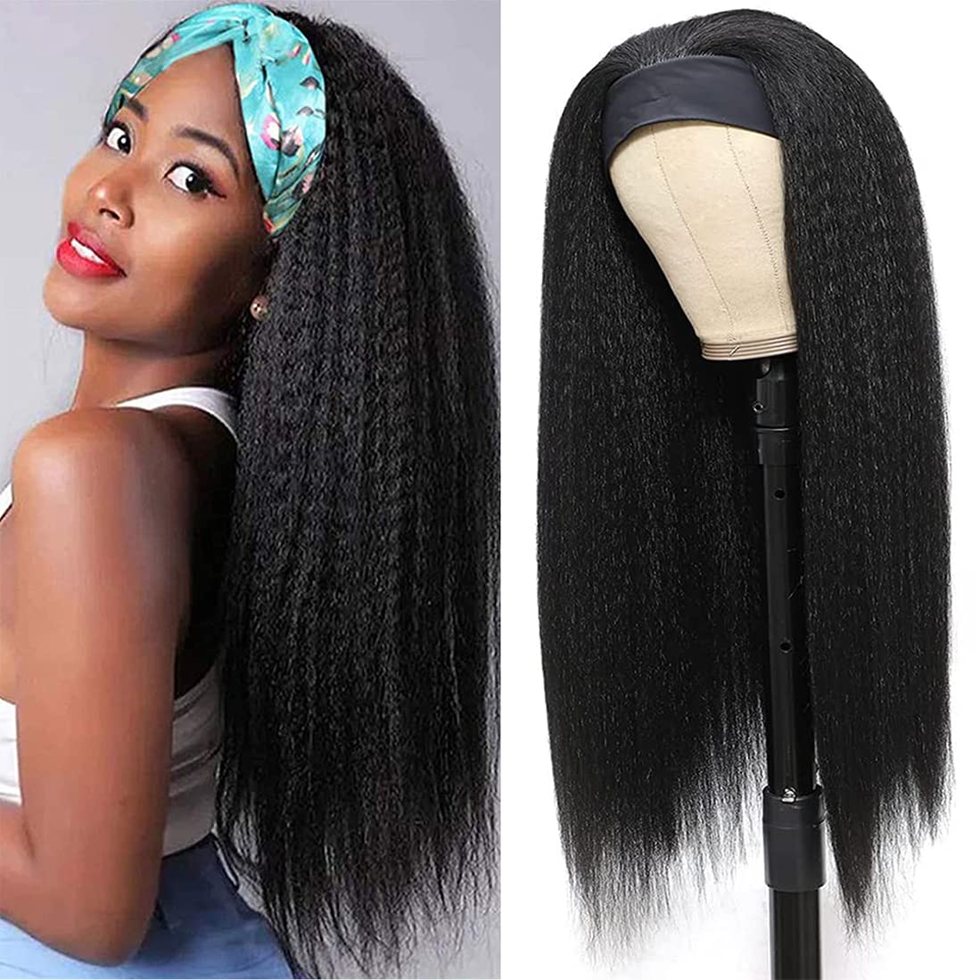 Kinky Straight Headband Wig Synthetic Glueless Wigs for Black Women 24 Inch Long Yaki Straight Wigs with Headband Attached 150% Density Heat Resistant Fiber Hair for Daily Use Natural Black Color