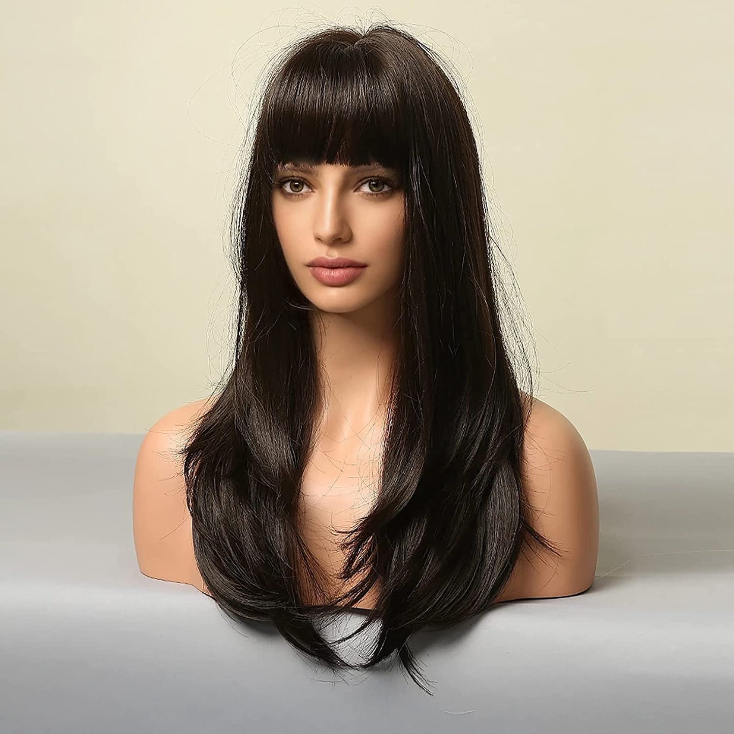 Long Wigs for Women, Dark Brown Synthetic Wigs with Bangs Heat Resistant Wigs Afro Layered Daily Cosplay