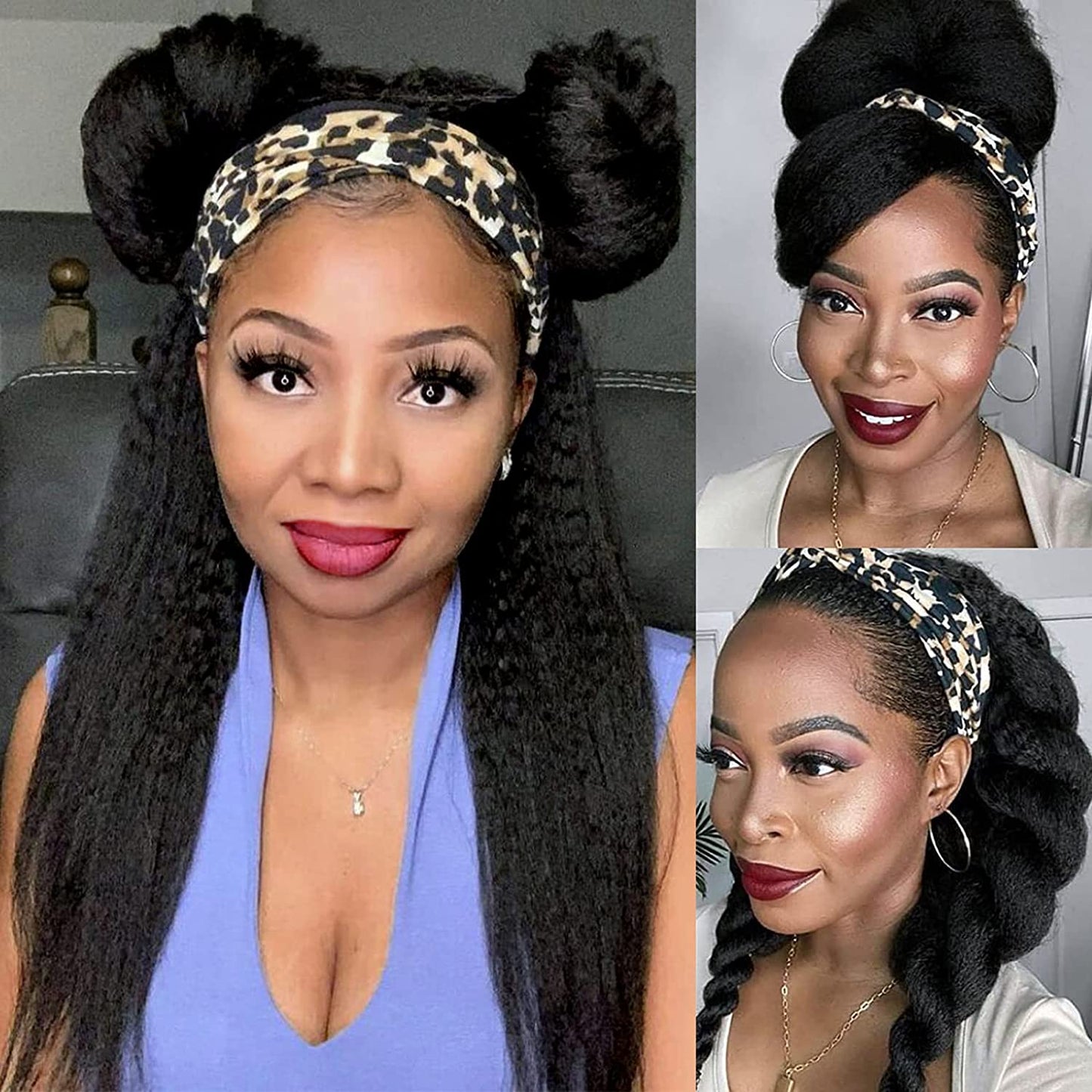 Kinky Straight Headband Wig Synthetic Glueless Wigs for Black Women 24 Inch Long Yaki Straight Wigs with Headband Attached 150% Density Heat Resistant Fiber Hair for Daily Use Natural Black Color