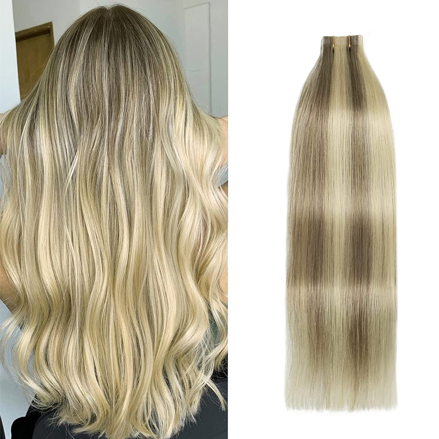 Tape in Hair Extensions 100% Human Hair Mixed Bleach Blonde Extensions Straight 20 Pcs 14Inch #18p613 30g