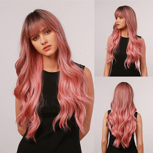 Ombre Pink Wig with Bangs 26 Inch 65cm Long Wavy Synthetic Wig Ombre Dark Root To Pink Colored Wigs for Women Heat Resistant Wigs for Daily Cosplay Party Wear Natural Looking Wig