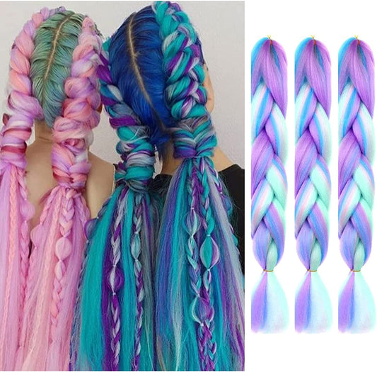 Braiding Hair Fiber Mix Four Silky Colorful Twist Braiding Hair 3pcs Rainbow Colors Extensions Kanekalon Synthetic Hair Blue-Light Purple-Pink Synthetic Fiber Soft Healthy (24 Inch 3pcs)