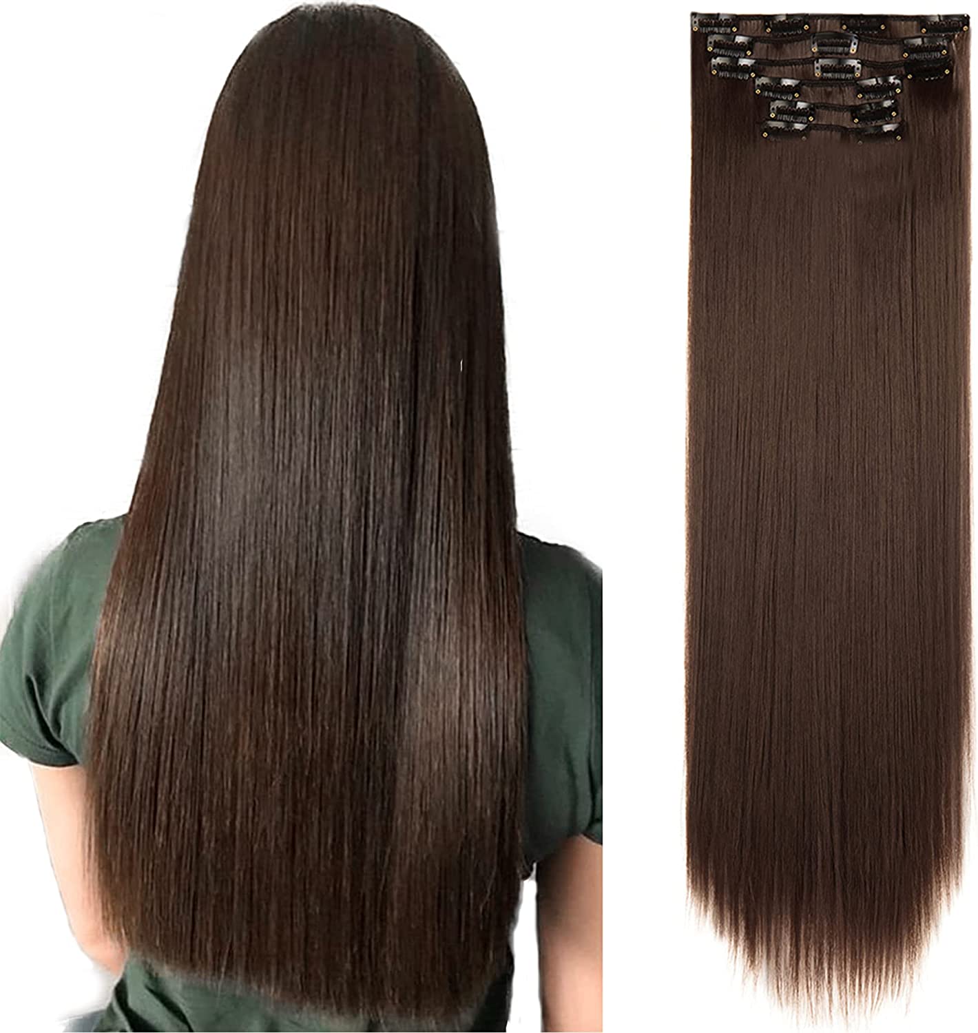 26 Inch Clip on Long Hair Extensions Straight Dark Brown Hairpieces 5.47 oz Long Thick Synthetic Hair Extensions Clip Straight Long Hairpieces Clips in Hair Extensions for Women 6pcs (Dark Brown, 4A)