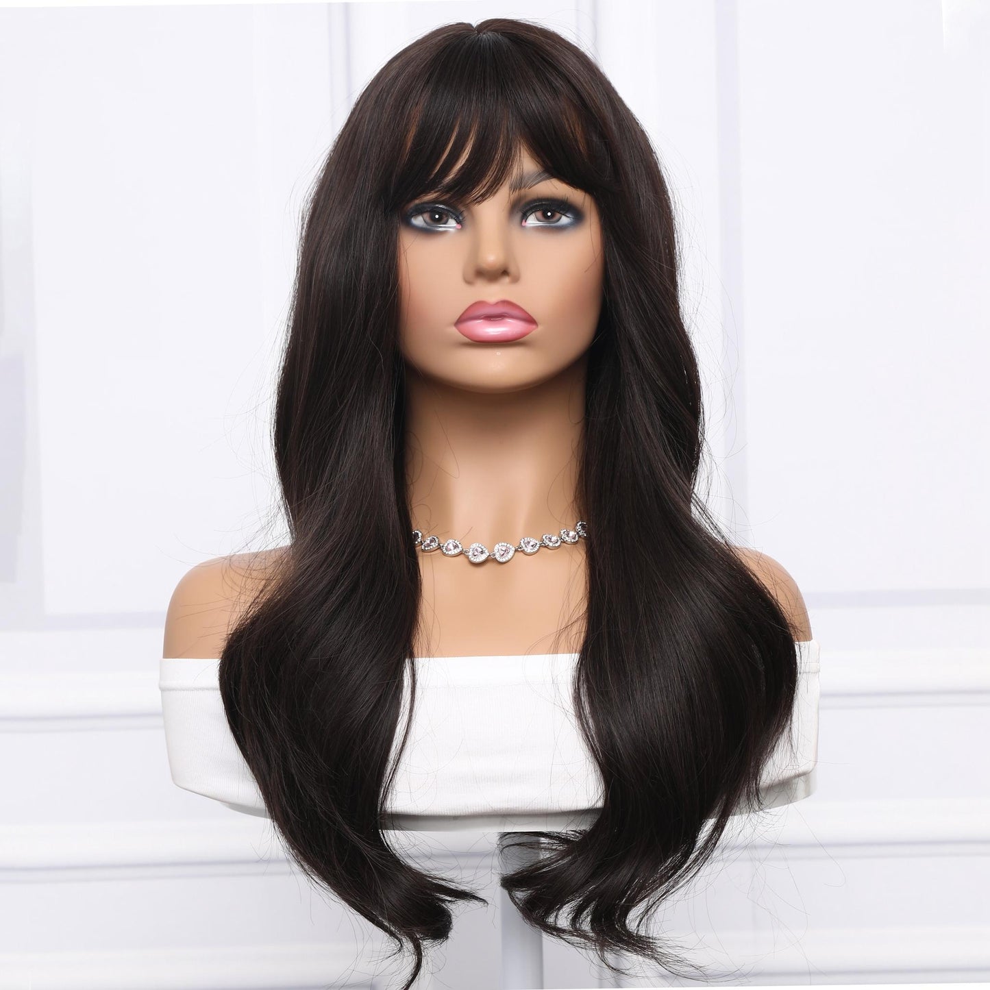 ANDRIA Brown Wig With Bangs Natural Wave Wigs with Bangs Honey Brown Wigs Daily 24 inches Synthetic