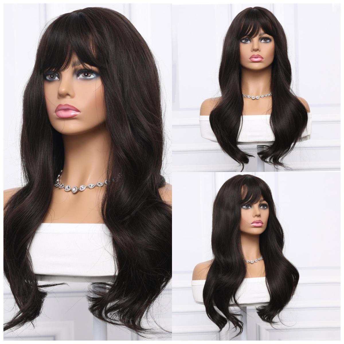 ANDRIA Brown Wig With Bangs Natural Wave Wigs with Bangs Honey Brown Wigs Daily 24 inches Synthetic