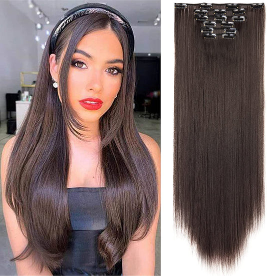 26 Inch Clip on Long Hair Extensions Straight Dark Brown Hairpieces 5.47 oz Long Thick Synthetic Hair Extensions Clip Straight Long Hairpieces Clips in Hair Extensions for Women 6pcs (Dark Brown, 4A)