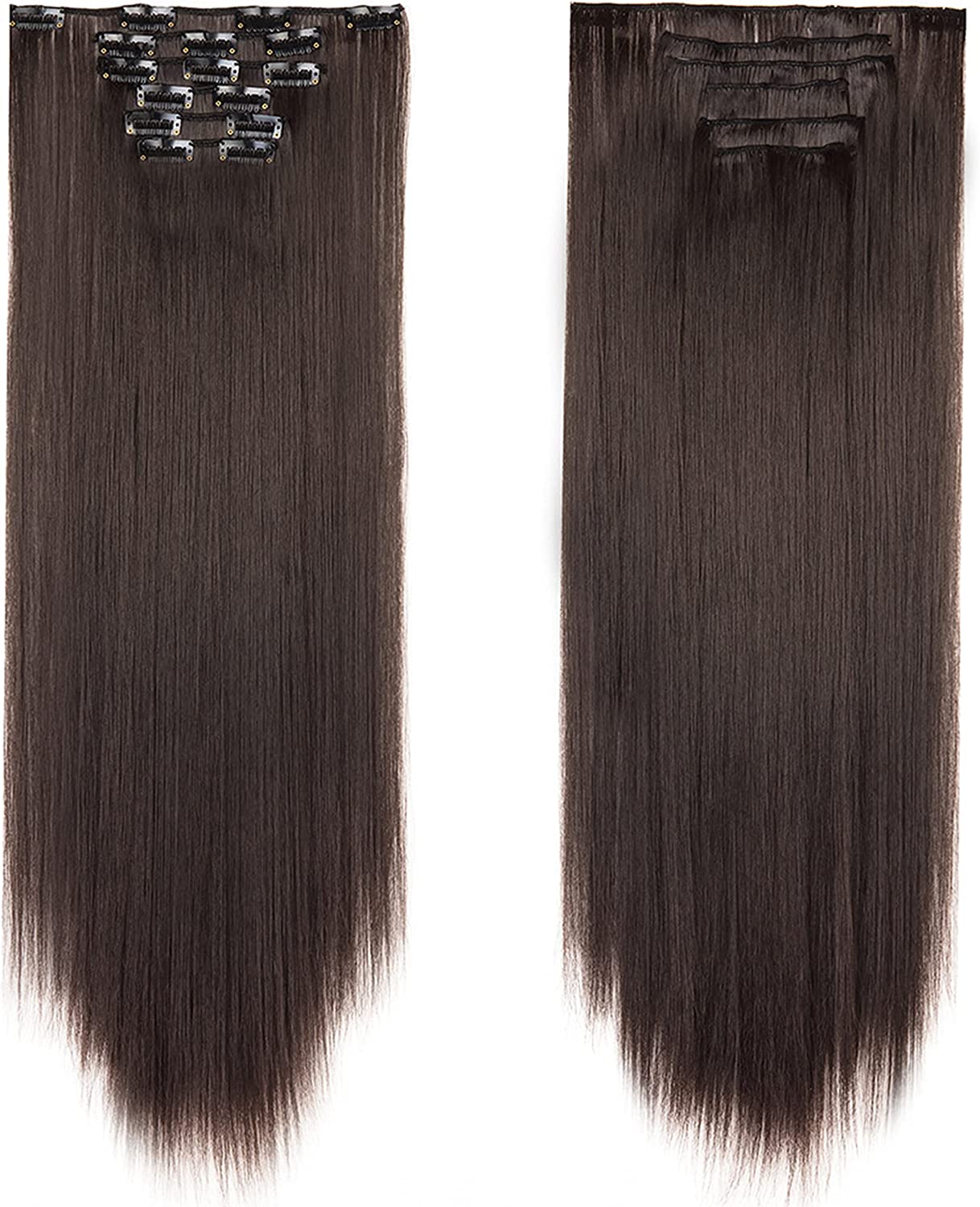 26 Inch Clip on Long Hair Extensions Straight Dark Brown Hairpieces 5.47 oz Long Thick Synthetic Hair Extensions Clip Straight Long Hairpieces Clips in Hair Extensions for Women 6pcs (Dark Brown, 4A)