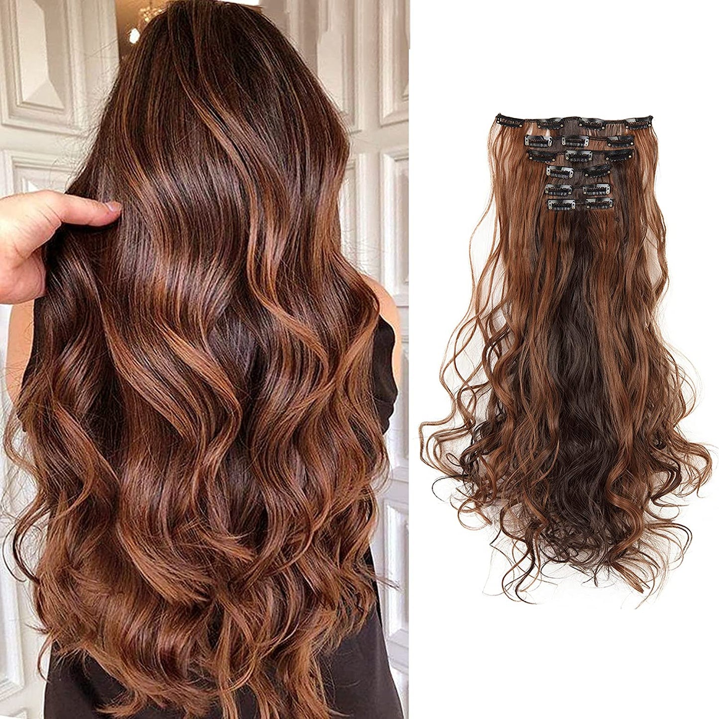 26 Inch Clip on Long Hair Extensions Straight Dark Brown Hairpieces 5.47 oz Long Thick Synthetic Hair Extensions Clip Straight Long Hairpieces Clips in Hair Extensions for Women 6pcs (Dark Brown, 4A)