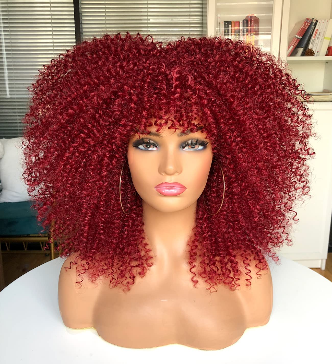 kinky Curly Wig for Black Women Black Short Curly Afro Wigs with Bangs Synthetic Curly hair Wig for Daily Use