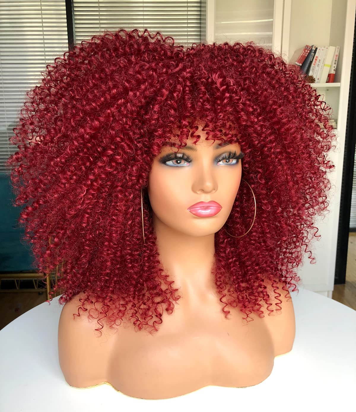 kinky Curly Wig for Black Women Black Short Curly Afro Wigs with Bangs Synthetic Curly hair Wig for Daily Use