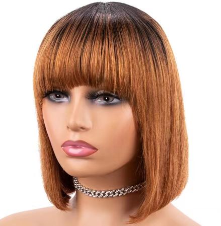 Ombre Short Bob Wig With Bangs Brazilian Straight Human Hair Wigs Honey Blond Human Hair Full Wigs With Front Bang Remy Hair