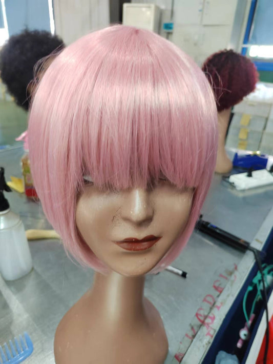 【LS-BOB-Mpink】8inches pink BOB wig with bangs synthetic wig