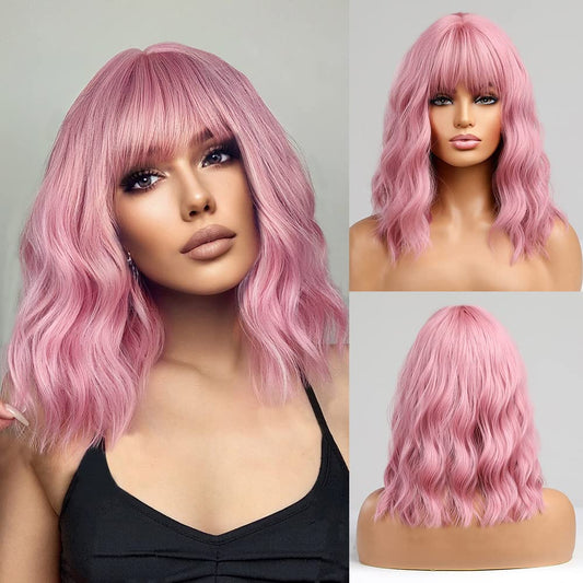 【LS-Water007】 Pink Wig with Air Bangs,14 Inches Short Pastel Curly Wavy Heat Resistant Synthetic Women's Bob Wig,Cosplay Party Shoulder Length Wigs for Girls,Daily Use Natural Looking Curly Colored Wig