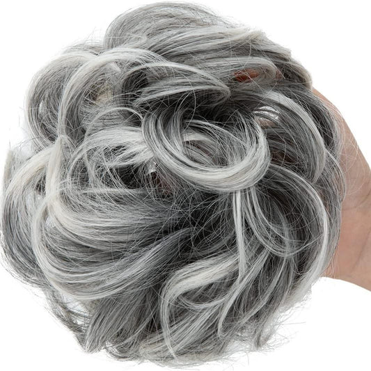 Messy Bun Hair Pieces Hair Scrunchies for Women Girls Curly Wavy Hair Buns Synthetic Updo Ponytail Extensions Donut Hair Black with Grey to Platinum Blonde