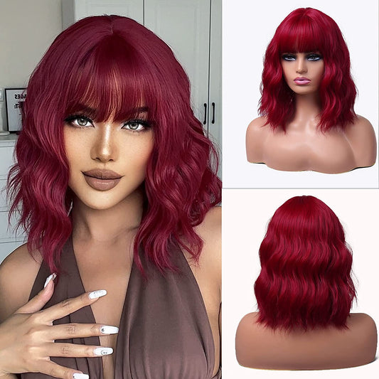 Short Wavy Red Bob Wig for Women Natural Synthetic Hair Wigs with Bangs Cosplay Party