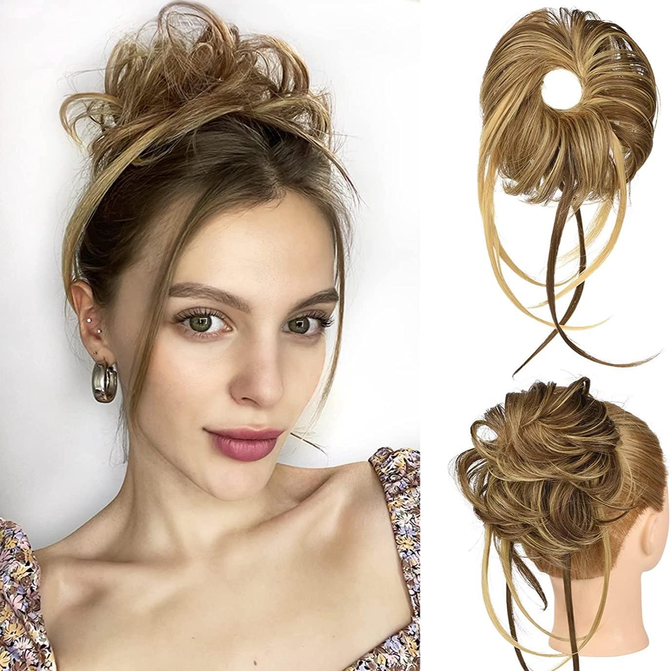 Messy Bun Hair Piece, 1PC Super Long Tousled Updo Hair Bun Extensions Curly Wavy Hair Wrap Ponytail Hair Scrunchies with Elastic Hair Band Hair Accessory for Women Girls - Light Blonde