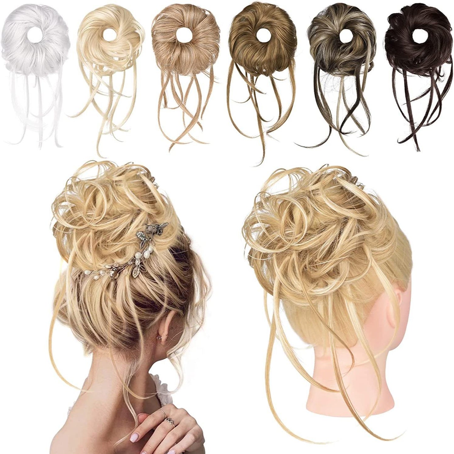 Messy Bun Hair Piece, 1PC Super Long Tousled Updo Hair Bun Extensions Curly Wavy Hair Wrap Ponytail Hair Scrunchies with Elastic Hair Band Hair Accessory for Women Girls - Light Blonde