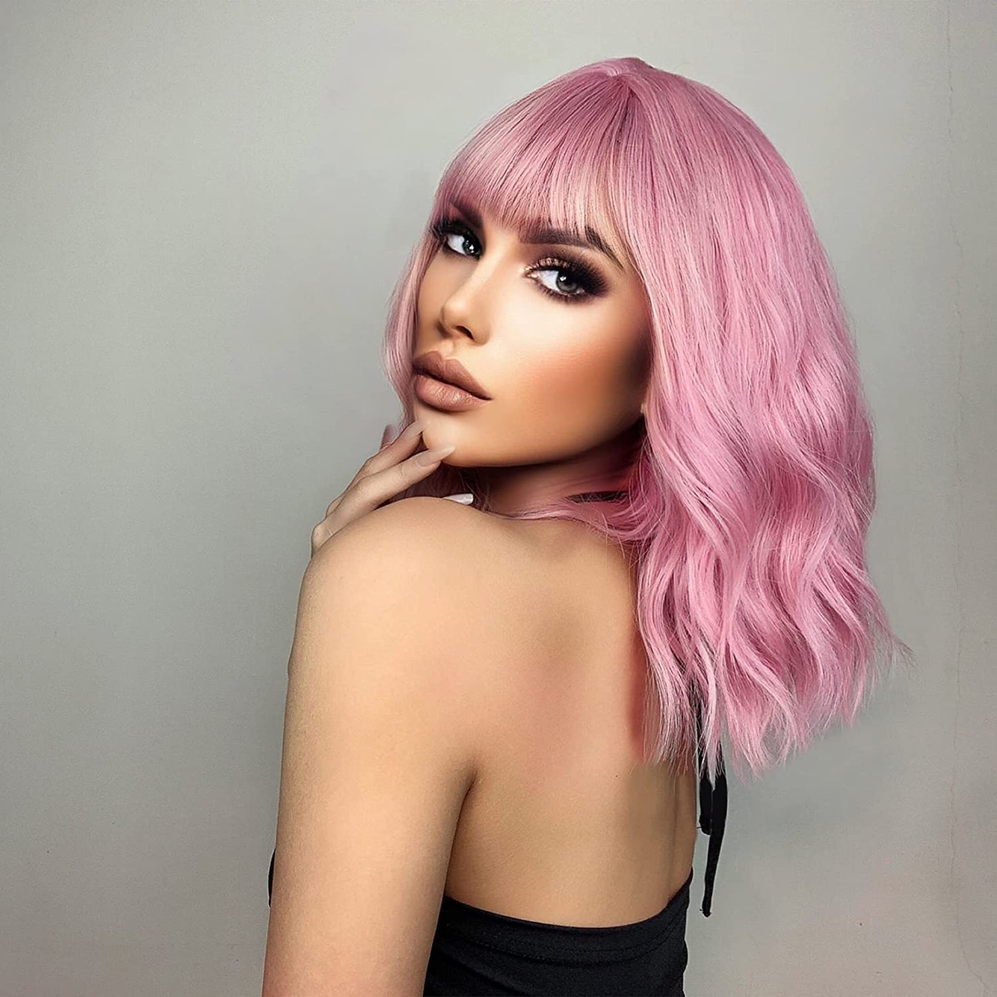 【LS-Water007】 Pink Wig with Air Bangs,14 Inches Short Pastel Curly Wavy Heat Resistant Synthetic Women's Bob Wig,Cosplay Party Shoulder Length Wigs for Girls,Daily Use Natural Looking Curly Colored Wig